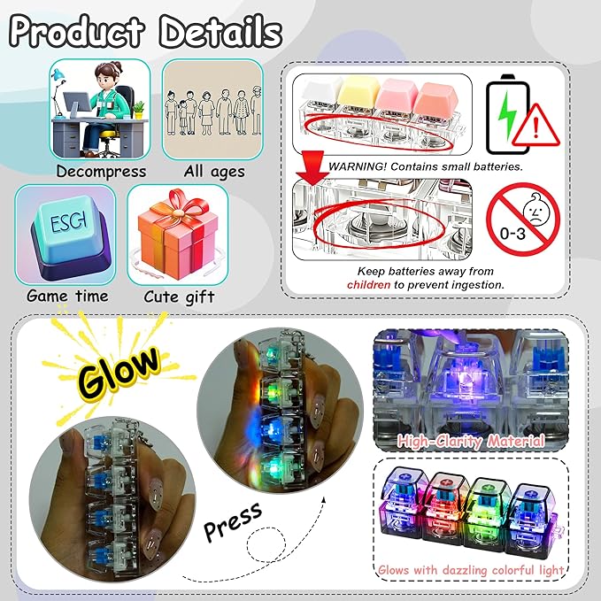 4 LED Light-Up Keyboard Button Keychain – Clickable Fidget Toy for Stress Relief & Fun